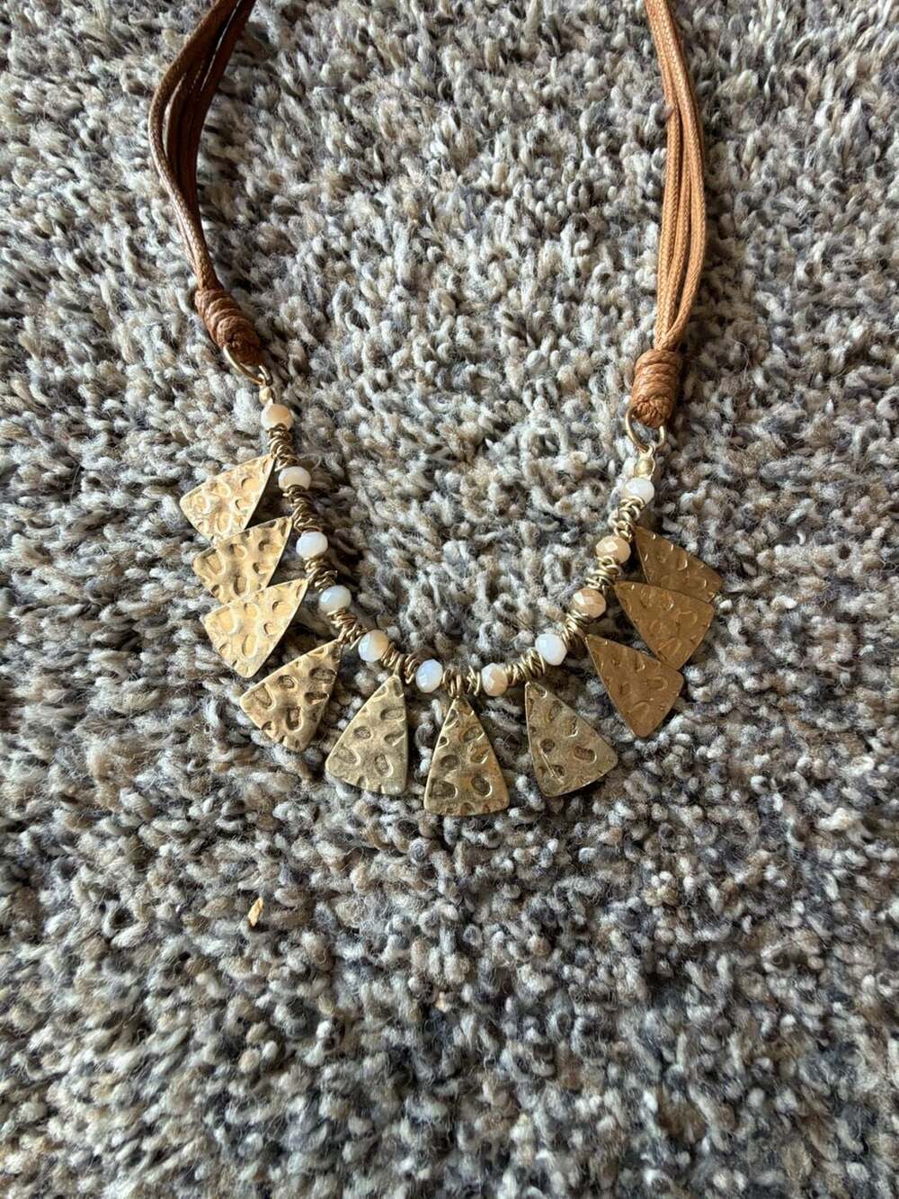 Boho Statement Necklace with Textured Gold-Tone Triangles and Beads on Tan Cord